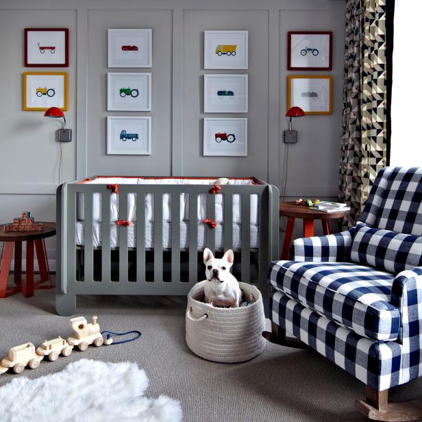 Contemporary, Gray Boy's Nursery With Crib