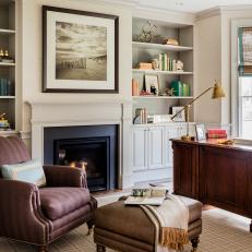 Brown Transitional Home Office With Plaid Rug