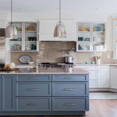 Neutral Transitional Kitchen With Blue Island