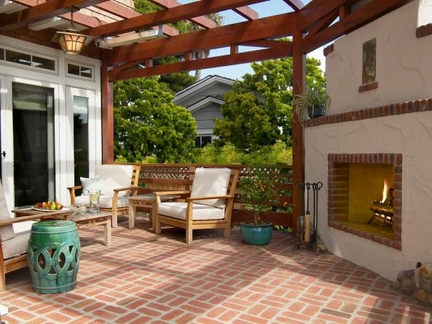 Brick Patio With Wood Pergola, Outdoor Fireplace