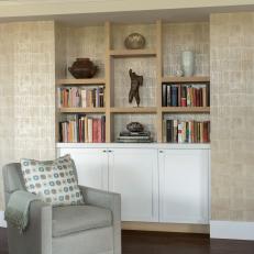 Custom Bleached White Oak Display Shelves and White Matte Cabinets Help Maintain Neutral Color Palette