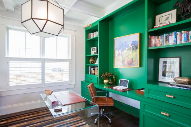 Contemporary Home Office With Emerald Green Desk