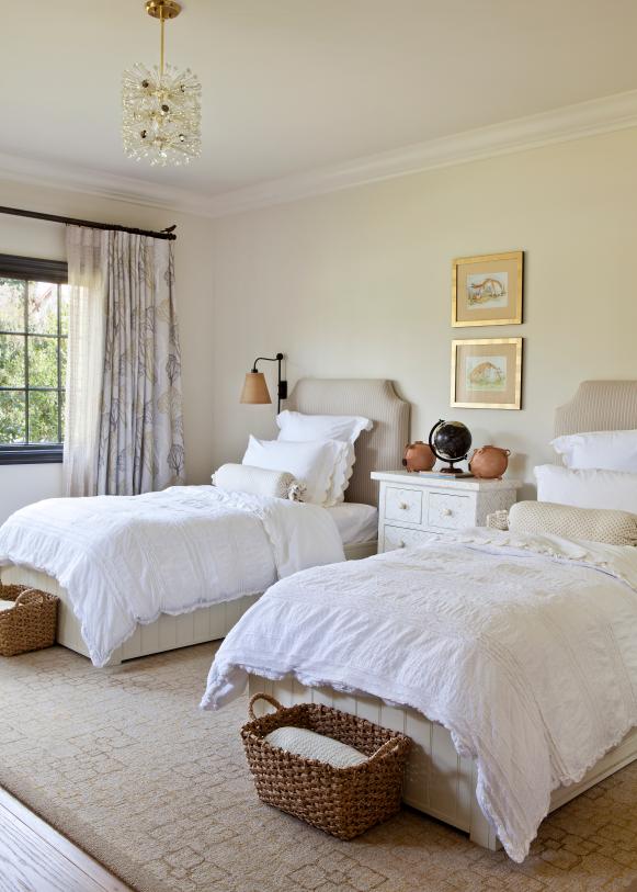 Neutral Transitional Bedroom With Twin Beds, White Linens