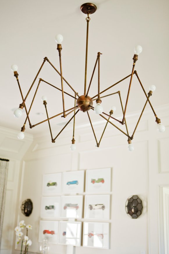 Brass Midcentury Modern Chandelier With White Bulbs