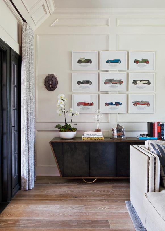 Neutral Transitional Living Room With Wainscoting, Black Console Table