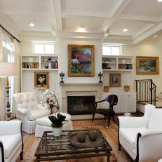 White Traditional Living Room With Coffered Ceiling