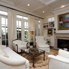 White Traditional Living Room With French Doors