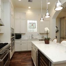 White Transitional Kitchen With Orchid