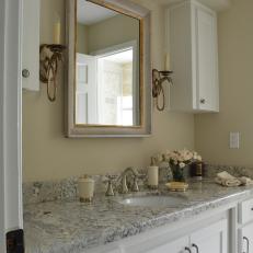 Brushed Gold Fixtures in Neutral, Masculine Bathroom