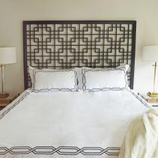 Geometric Bedroom Creates Interest and Texture in Neutral Master Bedroom