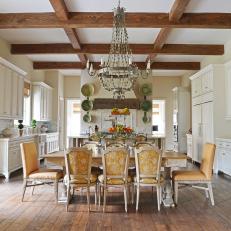 French Country Dining Room and Kitchen With Yellow Chairs