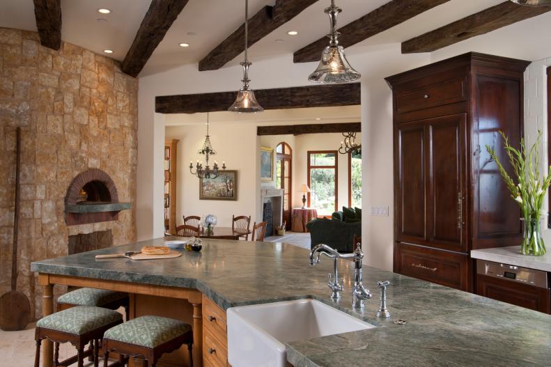 French Country Kitchen With Island, Wood-Fire Oven