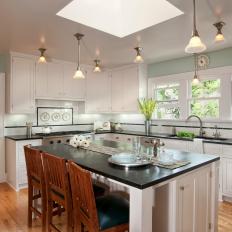 White Transitional Kitchen With Wood Barstools