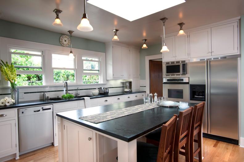 Blue Craftsman Kitchen With Skylight