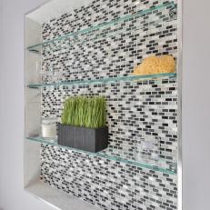In-Wall Storage Cubby With Glass Shelves and Black, Gray and White Small Subway Tile Back Wall 