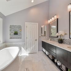 Contemporary Floating Double Vanity With Individual Mirrors and Sconces Facing White Bathtub and Window