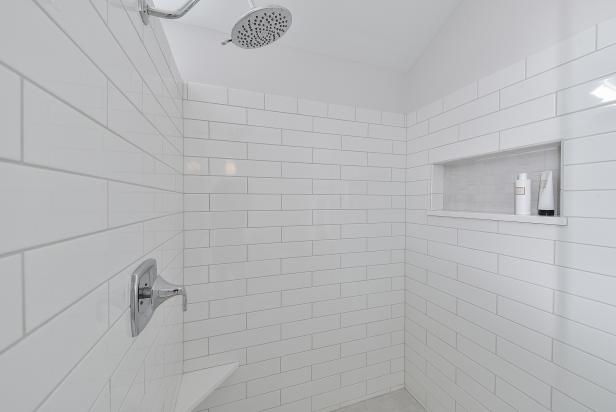 White Subway Tile Shower With Rain Shower Head, Built in Storage Cubby ...