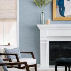 Textured Wallpaper and Oriental Rug Create a Fun, Stylish Living Room 