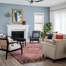 Blue, Textured Accent Wall in Living Room with Lots of Seating