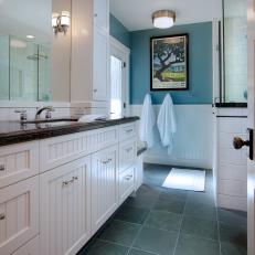 Blue and White Bathroom With Beadboard