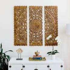 Asian Inspired Wall Hanging Brings Warmth to Clean, Bright Living Room