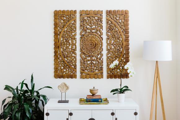 Clean Living Room with Asian Inspired Wall Hangings