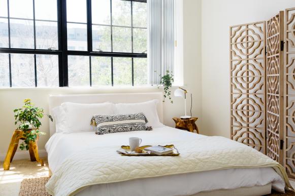 Asian Inspired Shade in White Loft Bedroom