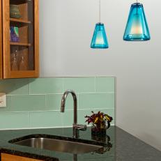 Corner Kitchen Sink and Blue Pendants