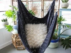 Is there anything better than a hammock on a summer day? Here is a hammock idea that doesn’t require perfectly spaced trees.  I love this swing chair from Rachel Denbow and wanted to try my own adding a mudcloth design.