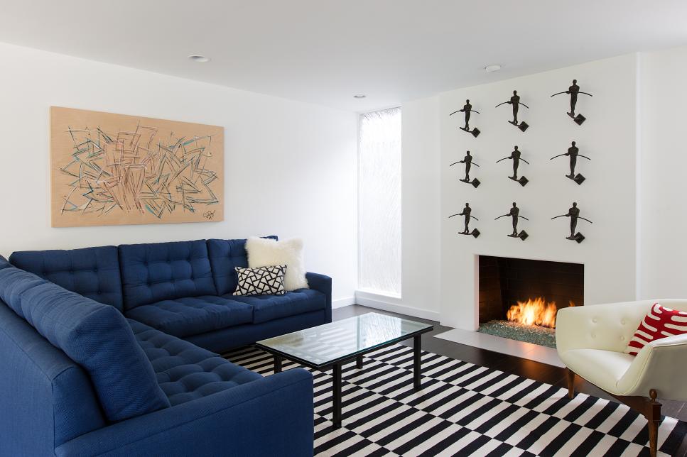 Contemporary Living Room with Blue Sectional and Wall Art