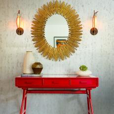 Contemporary Red Console Table and Mirror and Wall Sconces