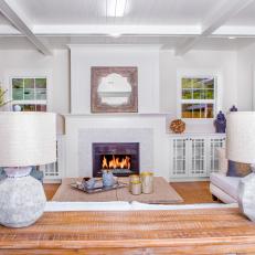 White Transitional Living Room With Stone Lamps