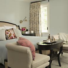 Blue Transitional Bedroom With Pink Pillow