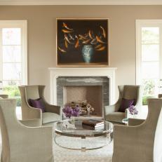 Neutral Transitional Living Room With Purple Pillows