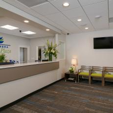 Contemporary Office Waiting Room With Lime Green Chairs
