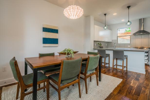 Contemporary Dining Room With Warm Wood Table, Sage Green ...