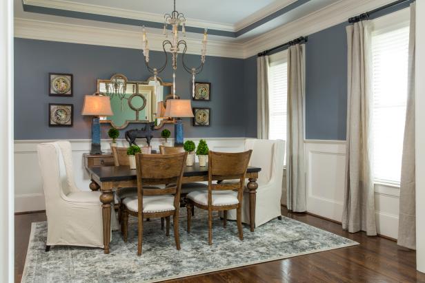 Blue and White Transitional Dining Room With Hardwood Floor