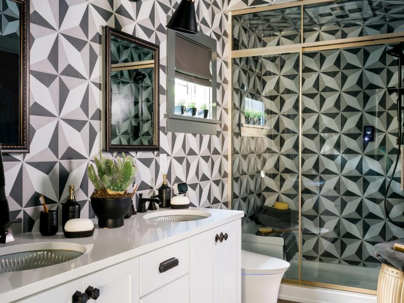 Transitional Bathroom With Geometric Tile Pattern