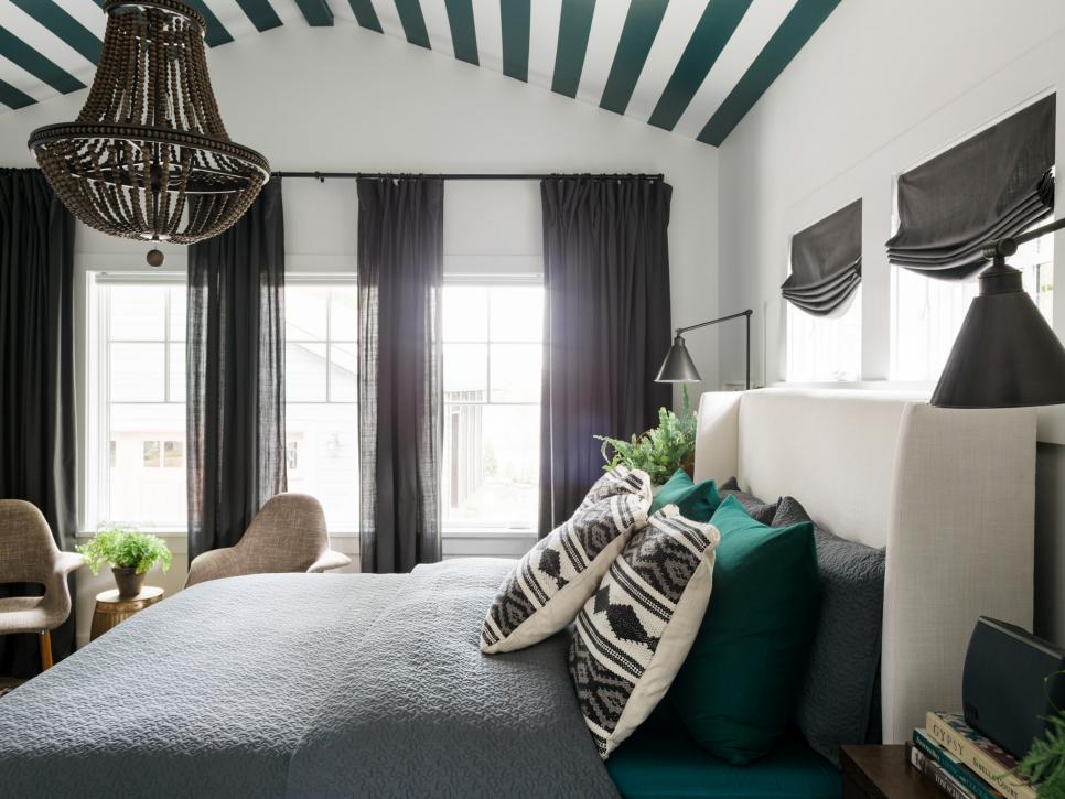 Guest Room With Striped Green Ceiling and Beaded Chandelier