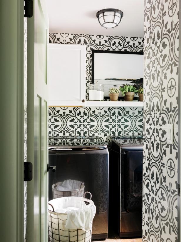 Laundry Room With Graphic Print Black-and-White Washable Tile