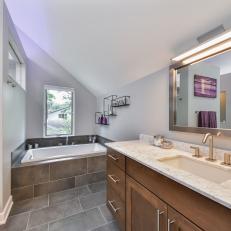 Serene, Gray Master Bathroom Features Built-in Bathtub