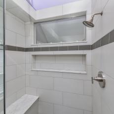Walk-in Shower With Built-in Bench & Subway Tile Walls