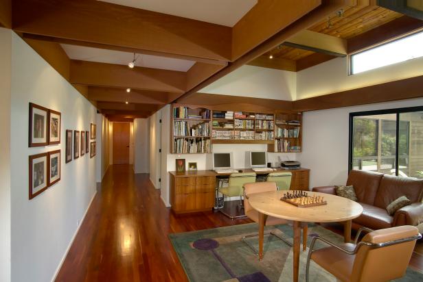 Midcentury Modern Study And Open Connection Hall With Wood