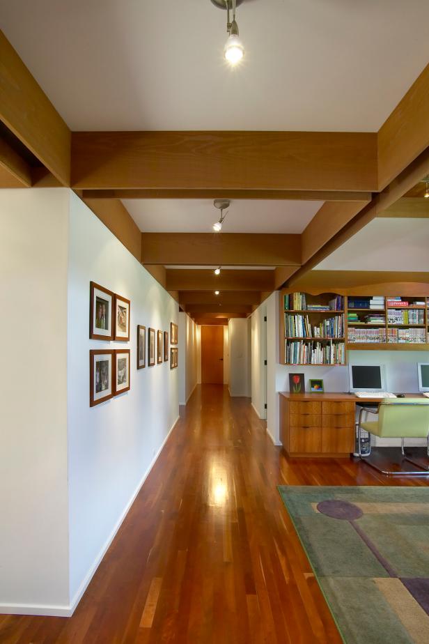 Midcentury Modern Hall With Unique Wood Coffered Ceiling