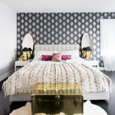 Glamorous Bedroom With Gray and White Wallpaper Accent Wall