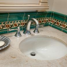 Teal Spanish Tile Accents Neutral Master Bathroom