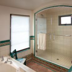 Teal Tiles Outline Shower in Master Bathroom