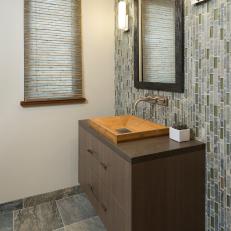 Chic, Contemporary Bathroom With Glass Tile Backsplash