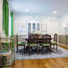 White Cottage Dining Room With Green Curtains