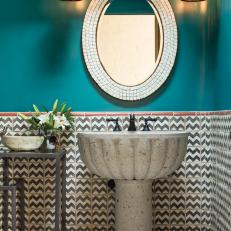 Turquoise Mediterranean Powder Bathroom With Stripes 